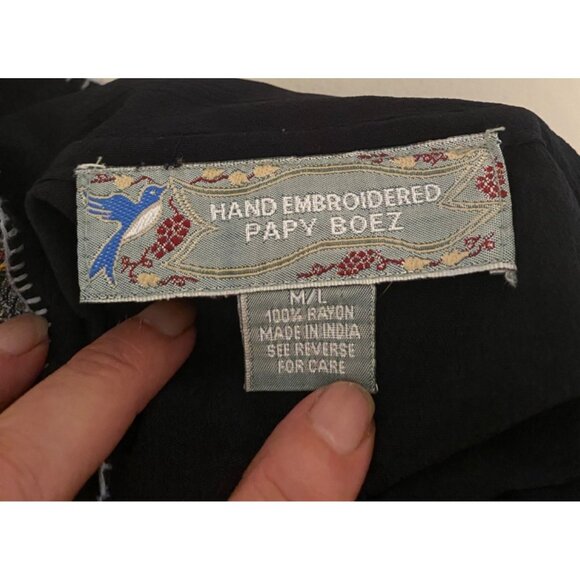 Papy Boez Black Boho Jacket Embroidered Peacock Feather Design Button Front M/L - Picture 3 of 8